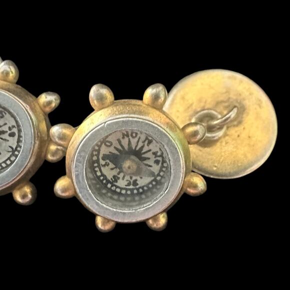 VTG 1950s Gold Tone Nautical Compass Ship Wheel Chain Cufflinks – Steampunk - Picture 7 of 8